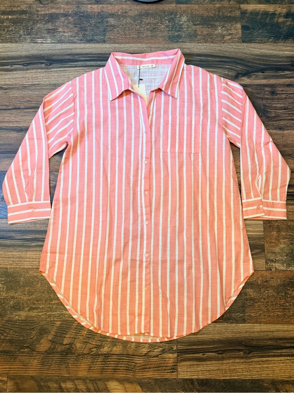 Salty Lemon Coral/Pink and White Oversized Button Down Shirt Coverup Size M